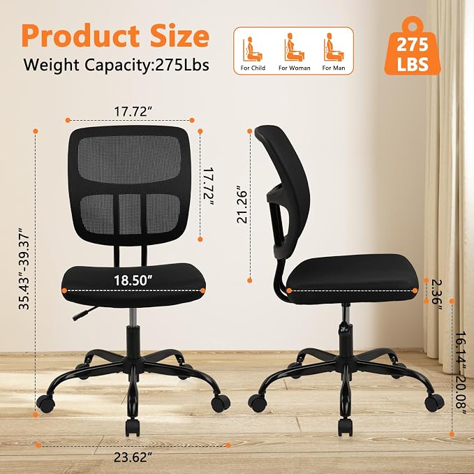 CLATINA Home Office Chair No Arms with Wheels, Adjustable Height Small Desk Chair, Ergonomic Mesh Rolling Work Swivel Chairs, 360 Swivel Computer Chair for Office, Reading Meeting Room 4PK(Black)