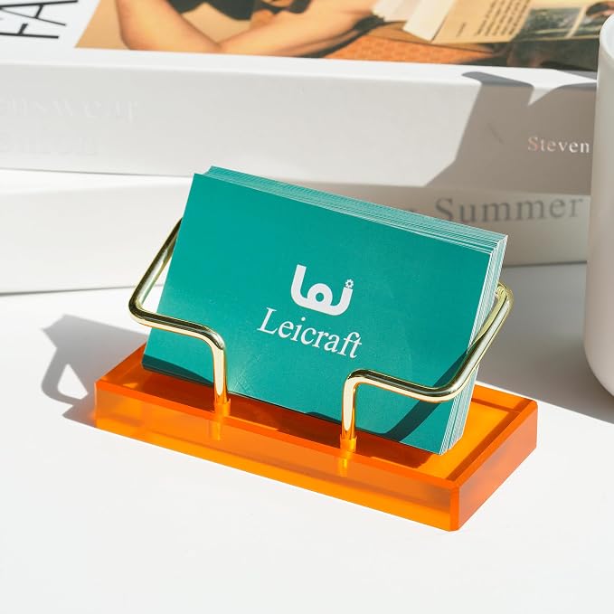 Business Card Holder for Desk, Modern Card Organizers and Office Desk Accessories for Men and Women (Orange & Golden)