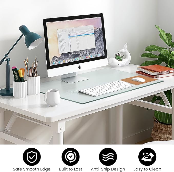 VASUHOME 24" x 18" Clear Tempered Glass Desk Mat - Multi-Functional Desk Pad for Keyboard and Monitor Protection, Dry Erase Surface, Ideal Table Top Protector for Home & Office
