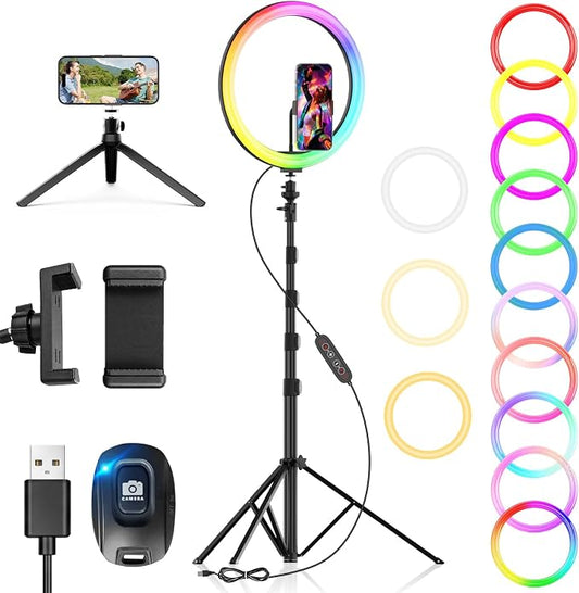 PEYOU 12" Selfie Ring Light with 73" Extendable Tripod Stand and Phone Holder, 38 Color Modes Dimmable RGB Ring Light,3-in-1 Desk & Floor Use for iPhone, Makeup, TikTok, YouTube, Live Streaming