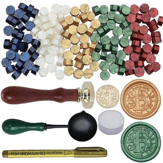 Initial Alphabet Wax Seal Stamp Kit, Retro Letter F Sealing Stamp with 150Pcs Sealing Wax Beads Spoon Pen Set for Wedding Invitations Cards Envelopes (F)
