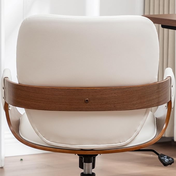Mid Century Modern Executive Office Chair, Faux Leather Desk Chair, Walnut | Ergonomic Curved Back, Bentwood Frame, 360° Swivel & Rocking Function, Height Adjustable 19"-23", Support Up to 350 lbs