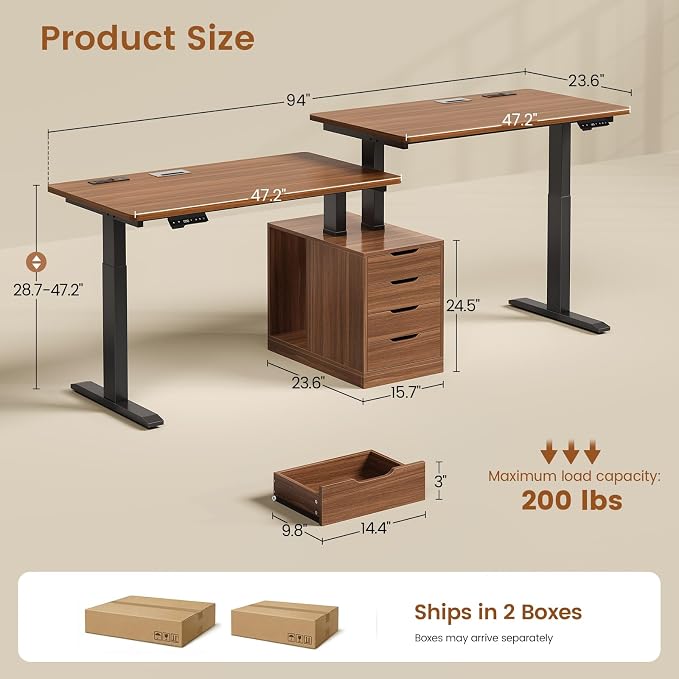 SEDETA Standing Two Person Desk, 94'' Long Computer Desk with 4 Drawers, 2 Power Outlets, CPU Stand, Electric Height Adjustable 2 Person Desk with Cable Management for Home Office, Brown