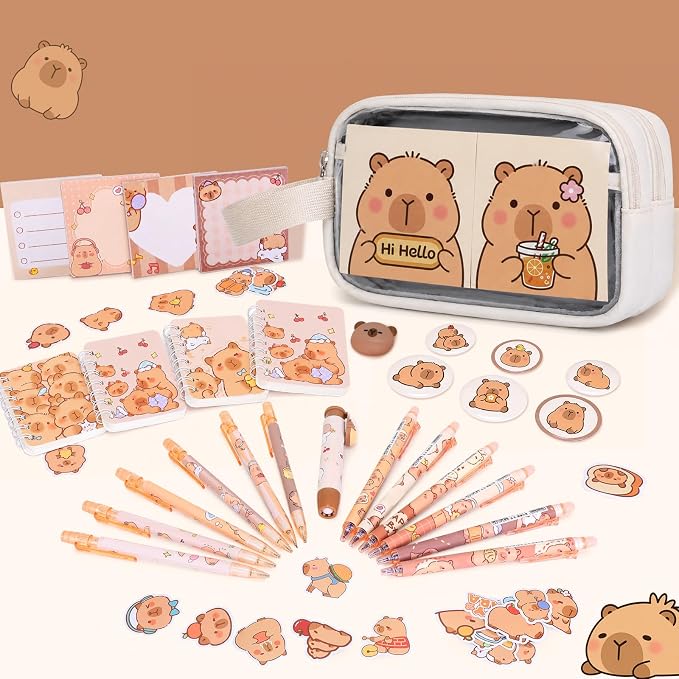 Capybara Backpack for School Girls, 30PCS Capybara Gifts School Supplies Stationery Set with Lunch Box Pencil Case Pens Pencils Notebook Cartoon for Kindergarten Elementary Student(Beige)