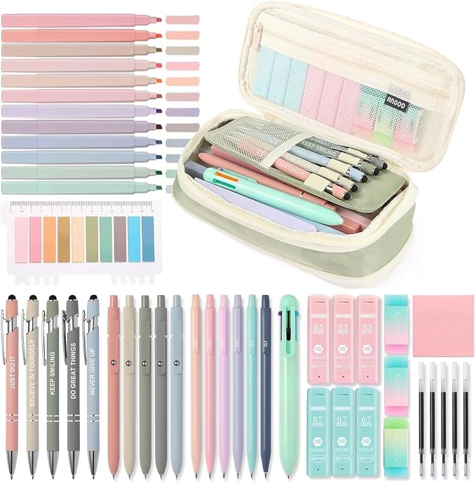 56 PCS Aesthetic School Supplies with Large Pencil Case, 5 Inspirational Ballpoint Pens, 12 Pastel Highlighters, 5 Black Ink Gel Pens, 6 Mechanical Pencils 0.5-0.7mm College Student Essentials (Green)