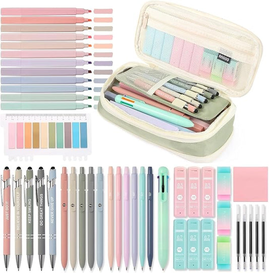 56 PCS Aesthetic School Supplies with Large Pencil Case, 5 Inspirational Ballpoint Pens, 12 Pastel Highlighters, 5 Black Ink Gel Pens, 6 Mechanical Pencils 0.5-0.7mm College Student Essentials (Green)