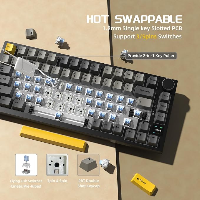 Attack Shark ajazz AK820 Pro Wireless Mechanical Gaming Keyboard Hot Swappable TFT Display & Knob RGB Backlit BT 5.1/2.4Ghz /Type-C Wired Gasket-Mounted Custom Keyboard for PC/Win(Black/Fish Switch)