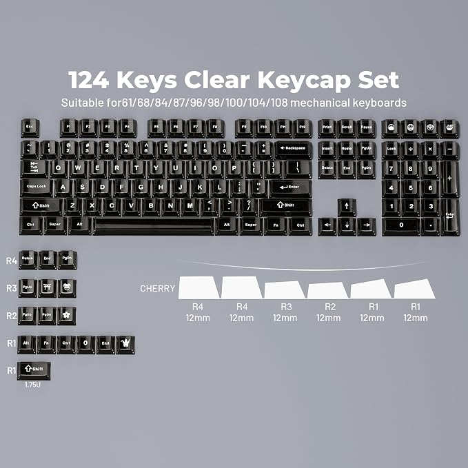 HITIME XVX Clear keycaps, Black Transparent Keycaps 60 65 75 100 Percent, Crystal Ceramic Custom Key Cap Set 124 Keys, Cherry Profile, Shine Through, Cute Style for Mechanical Keyboards