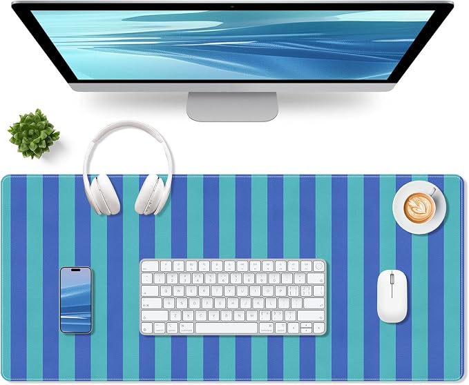 Striped Desk Mat,PU Leather Desk Pad,Extra Large Mouse Pad Table Mat for Laptop Computer, Blue Turquoise Keyboard Mat,Waterproof PU Desk Cover Mat for Office Home Deco