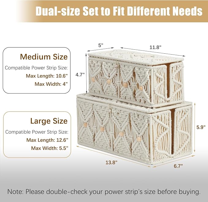 2PCS Cable Management Box Handmade Macrame Cord Organizer Basket | Power Strips Outlet Storage Router TV Wire Hider Cover Under Desk Natural Cotton Rope Woven, w/ Lid, Off White, Large&Medium