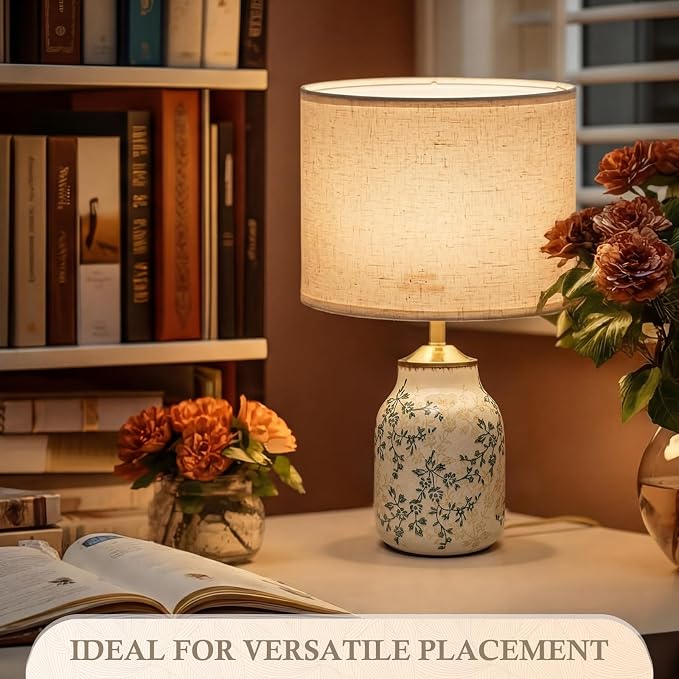 Tellingyou 1 Pcs 21" Vintage Green Ceramic Lamp with Beige Linen Shade Farmhouse Modern Table Lamp Ice Cracked Rose Floral for Bedroom Living Room Office Dorm Desk Table Rocker, Bulbs Not Included