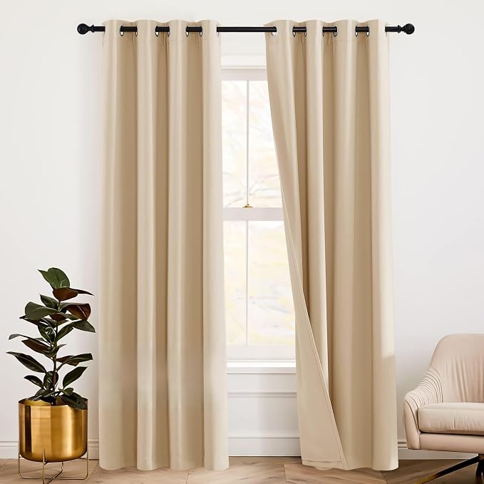 RYB HOME 3-in-1 Soundproof Curtains with Detachable Felt Liner, 100% Blackout Thermal Insulated Living Room Curtains, Draft Block Drapes for Living Room, Biscotti Beige, W52 x L90 in, 1 Pair
