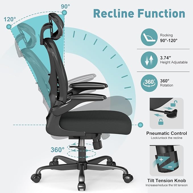 Ergonomic Office Chair with Adjustable Lumbar Support and Headrest, 300 lbs Swivel Desk Chair with Flip-Up Arms, Mesh Comfy Padded Seat for Computer and Home, Black
