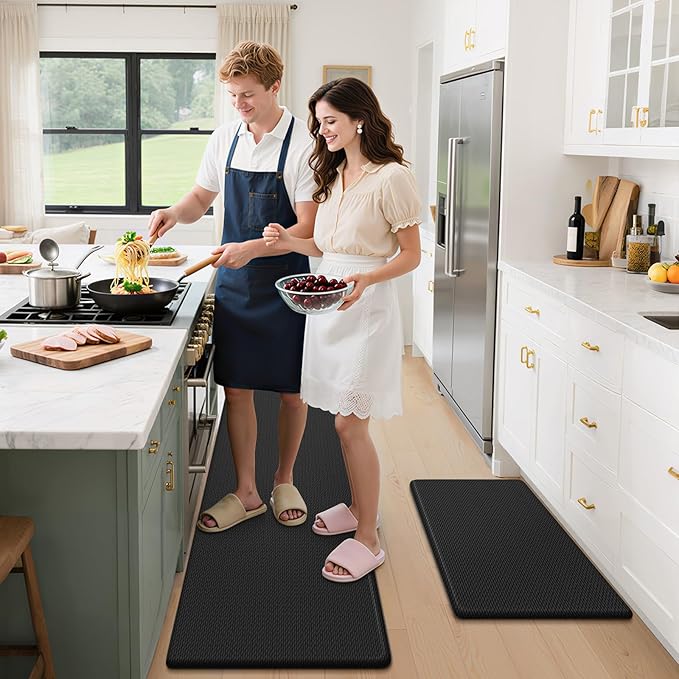 StepLively Kitchen Mat, 2 PCS Kitchen Rugs, Cushioned Kitchen Mats for Floor, Anti Fatigue Kitchen Rug Set, Non-Skid Standing Mat for Kitchen, Office, Sink, 17.3"×30"+17.3"×47", Black