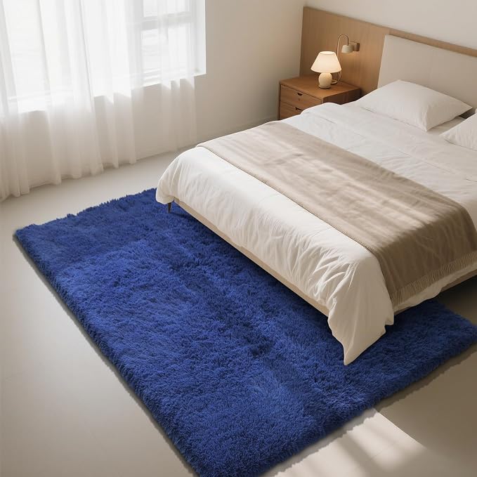 Blue Fluffy Rug Shag Area Rug, 4x6 Area Rugs for Girls Bedroom, Soft Play Mat, Indoor Floor Carpet for Teen, Preppy Dorm, Plush Aesthetic Bedside Rug