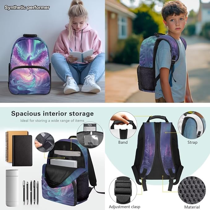 Phoenix Backpack with Lunch Box for Girls Ages 8-10: 17 inch Lightweight Bookbag with Padded Shoulder Strap for Elementary Kids Back to School, Polar Lights Graphic