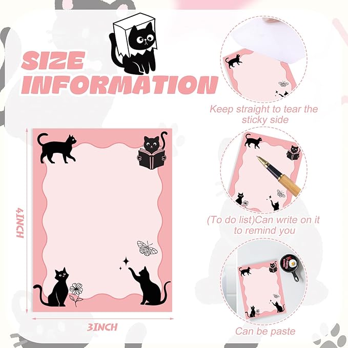 12 Pads Black Cat Sticky Notes 3x4 Inch Cat Notepad Cute Self Stick Notepads Funny Adhesive Memo Pad Office Decor Gifts for Animal Lover Gift Meeting Office Christmas Supplies