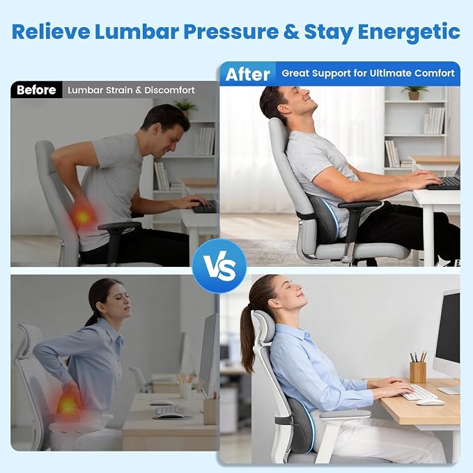 Lumbar Support Pillow for Office Chair, Memory Foam Lower Back Support, Ergonomic Lumbar Pillow with Adjustable Strap, Breathable Cover (Grey)