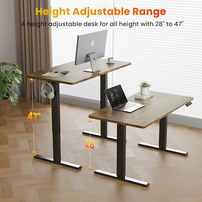 WALKINGDESK 55x24 Inches Height Adjustable Electric Standing Desk with 2 Hooks for Home Office, Ergonomic Sit Stand up Desk with Splice Board, Rustic Brown