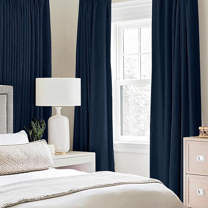 MIULEE 90 Inches Linen Textured Curtains for Bedroom 100% Blackout Thermal Insulated Midnight Blue Grommet Room Darkening Curtains & Drapes Luxury Decor for Living Room 52 x 90 Inch (2 Panels)