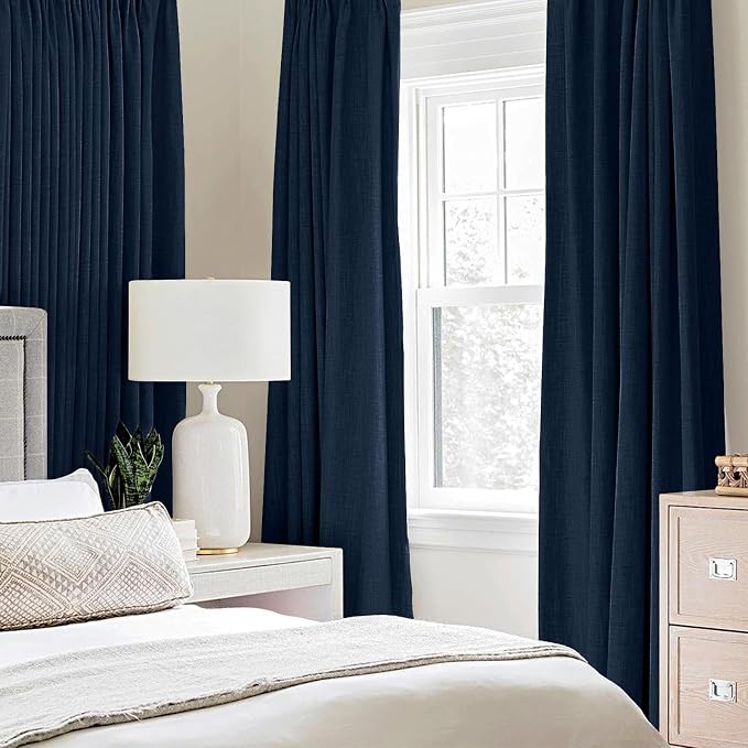 MIULEE Linen Textured Curtains for Bedroom Solid 100% Blackout Thermal Insulated Midnight Blue Grommet Room Darkening Curtains & Drapes Luxury Decor for Living Room 52 x 54 Inch (2 Panels)