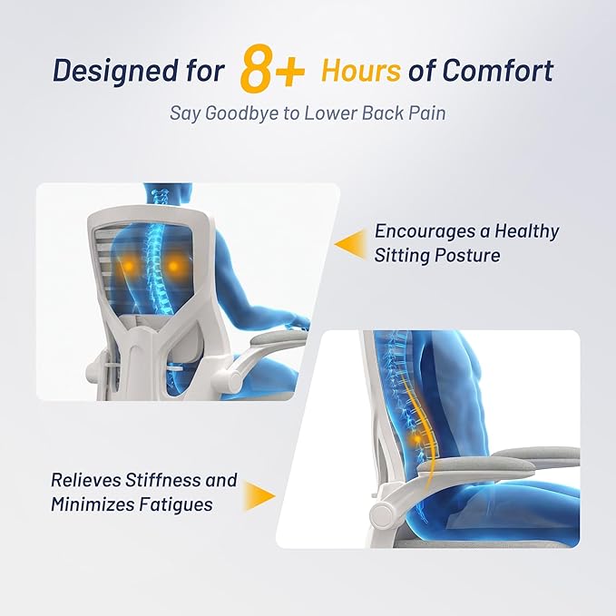 Office Chair for Long Hours & Back Pain Relief – 4" Molded Foam Cushion, Padded Lumbar Support, and Padded Flip-up Armrests, Ideal for Office or Study, Light Gray