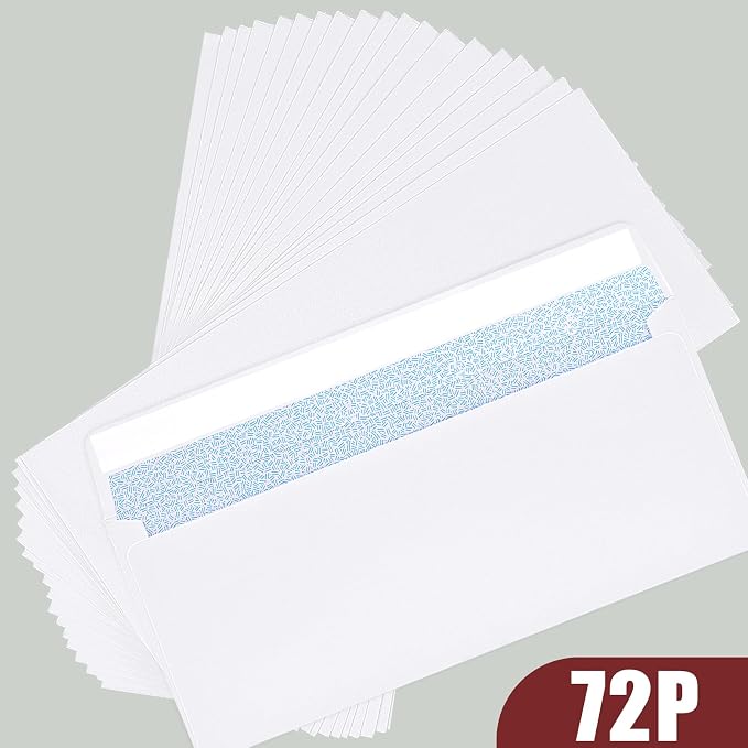 Joyberg 72 Packs #10 Envelopes, Business Envelopes, Envelopes Self Seal, Security Envelopes, Peel and Seal Closure, Size 4-1/8 X 9-1/2 Inches, White, 26LB