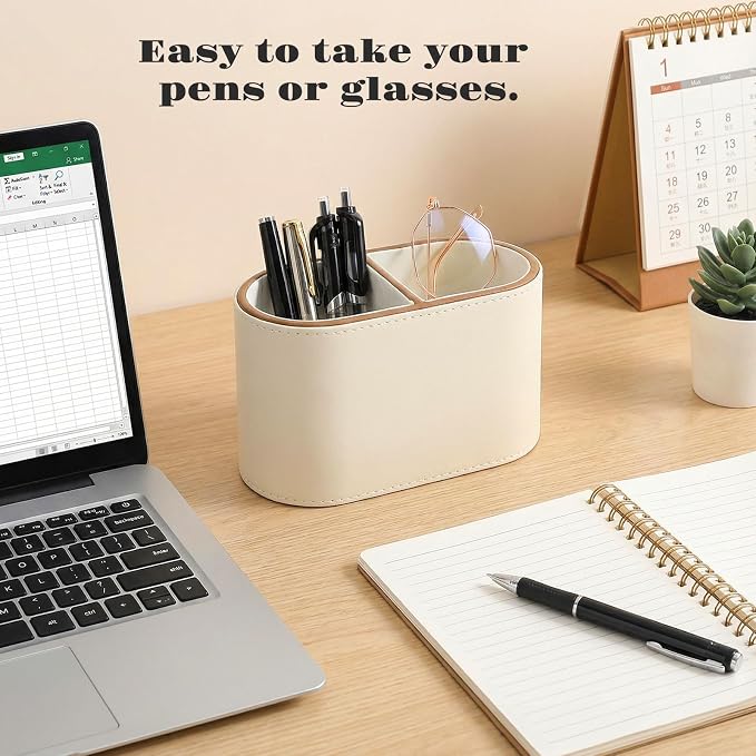 PU Leather Pen Holder, Desk Organizer Caddy with 2 Compartments | Multifunctional Remote Control Holder, Eyeglass Holder, Stationery Case for Office Supplier, Home