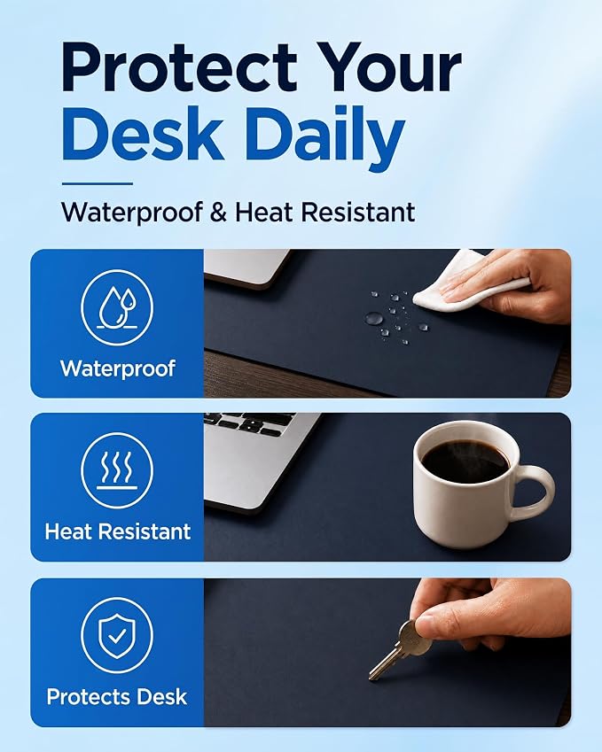 Aothia Dual-Sided Desk Mat, FSC Cork & PU Leather Desk Pad, Large Mouse Pad & Writing Surface for Full Desk Coverage, Non-Slip Waterproof Desk Protector - 47" x 23.6", Dark Blue