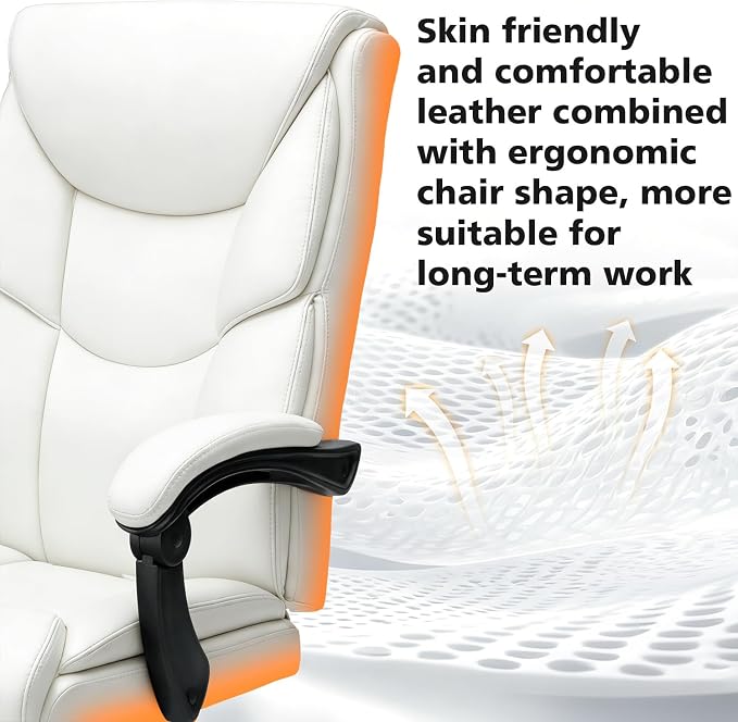 WAILOR 400lbs Office Chair with Foot Rest, Reclining Big and Tall Office Chair with Lumbar Support, High Back PU Leather Computer Chair,Comfy Desk Chair for Home Office (Casual) (White)
