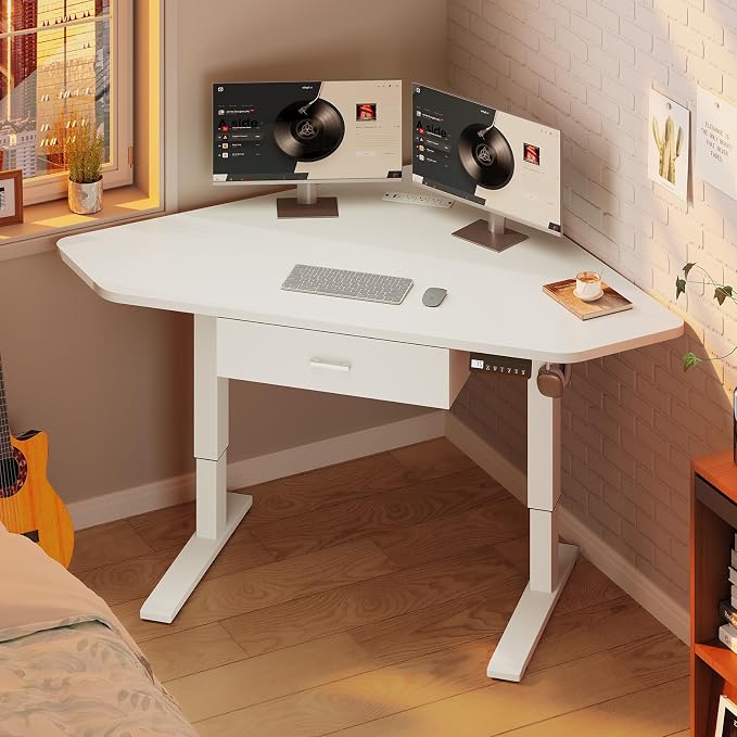 SEDETA Corner Electric Standing Desk with Drawer for Gaming, Small Space | 32'' Small Height Adjustable Computer Desk, Stand up Home Office Writing Desk, White