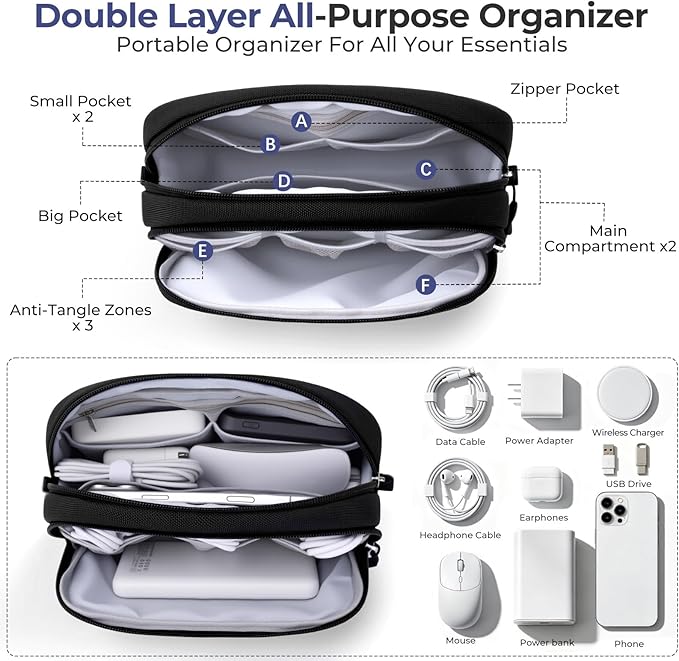 Skycase Travel Cable Organizer - Lightweight Water Resistant Dual-Layer Tech Pouch with Wrist Strap 10 Compartments Electronic Organizer Travel Case for Charger Cord Hard Drive,Medium,Black