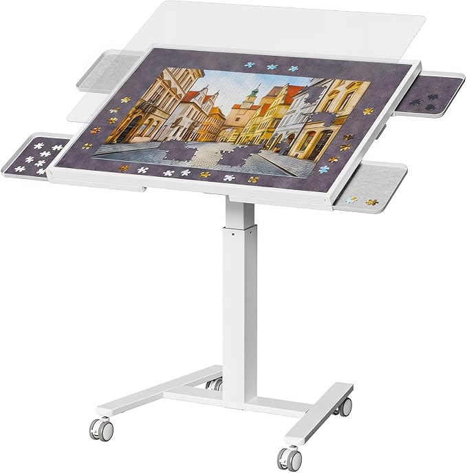 JYLH JOYSEEKR 1500 Pcs Puzzle Table with 4 Drawers, 33.8"×25.8" Metal Frame | 90° Tilt & Height Adjustable Jigsaw Puzzle Board on Wheels & Cover, Drafting Desk, Gift for Adults, Puzzle Lover, White