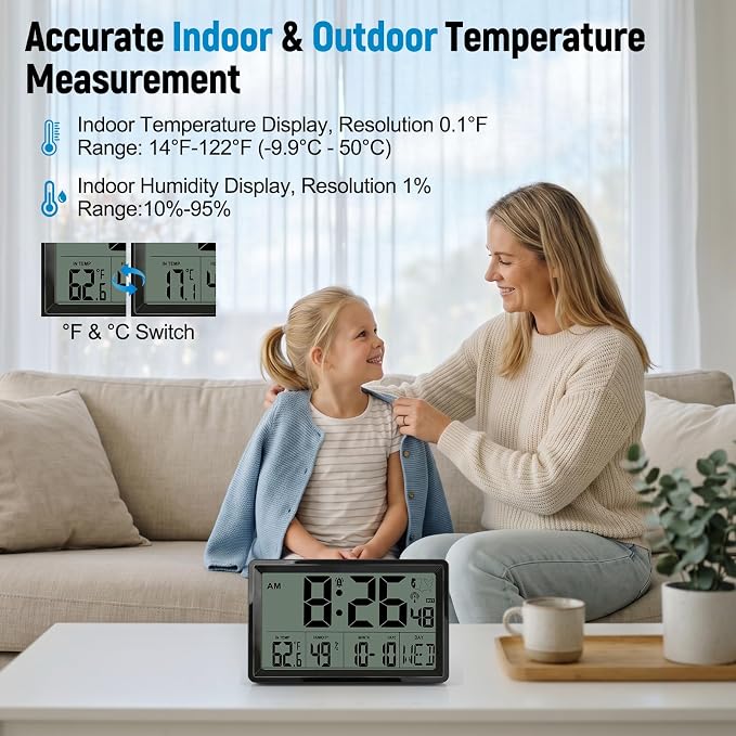 QPEUIM Atomic Clock with Indoor Temp & Humidity,Atomic Wall Clock 8.78 Inch Self-Setting, Digital Clock Large Display with Auto DST & 4 Time Zones for Home Office Bedroom
