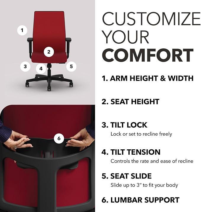 HON Ignition 2.0 Mid‑Back Ergonomic Office Chair, Mesh Task Desk Chair with Lumbar Support, Standard Synchro‑Tilt, Height and Width Adjustable Arms, Black Frame, Bullseye