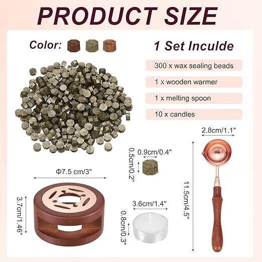PATIKIL Wax Seal Kit, 300 Pcs Wax Sealing Beads, Wooden Warmer, Melted Spoon, 10 Pcs Tealight Candles for Envelope Letter Mailing Crafts DIY, Red Copper/Antique Bronze/Copper Gold