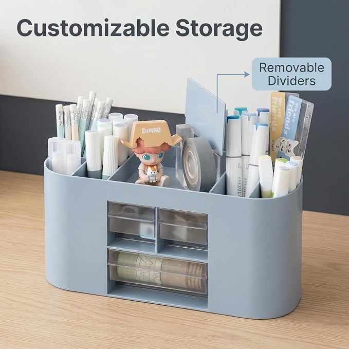 School Supplies Organizer with Drawers, Pen Holder, Blue | Student desk organizer with removable dividers and clear drawers for pens, markers, art tools and school supplies.