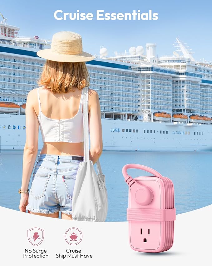 NTONPOWER Pink Travel Power Strip,Travel Essentials 4 Outlets 3 USB(1 C) with 4FT Wrapped Extension Cord Flat Plug, Cruise Essentials 2026 for Hotel Travel Cruise Essentials