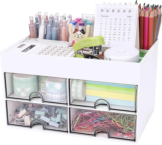 Meiikun Desk Organizer, Office Organizer with Drawer, Desk Accessories & Workspace Organizers, Pen Holder Office Supplies for Desk (4 Drawers+4 Compartments, White)