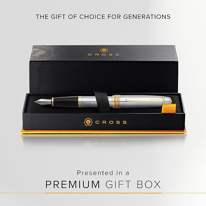 Cross Bailey Medalist Stainless Steel Medium Nib Fountain Pen - Professional Fountain Pen for Effortless Writing - Refillable - Black Ink - Gift-Ready