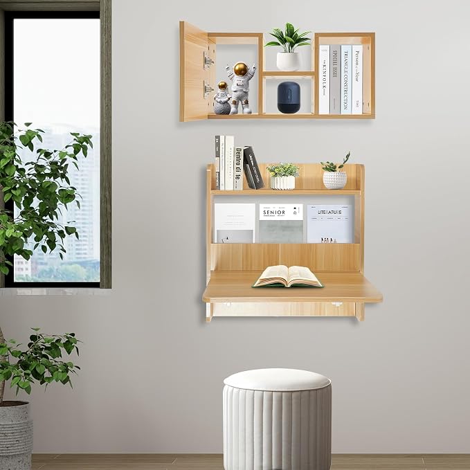 Floating Desk, 24" Wall Mounted Folding Desk with Bookshelf Folding Wall Desks Space Saving Workstation with Storage Shelves for Home Office Bedroom Study Room Small Space