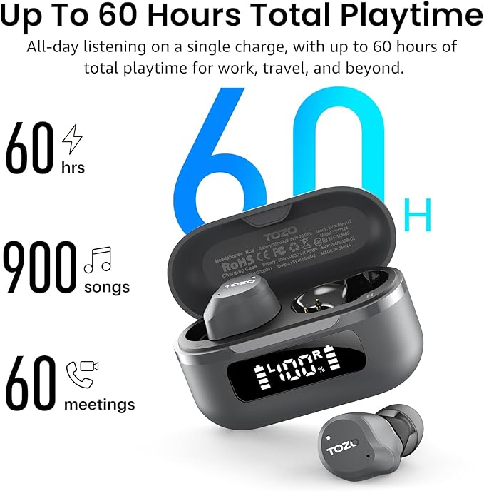 TOZO NC9 Hybrid Active Noise Cancelling Wireless Earbuds, 6 Mics ENC Clear Call, IPX8 Waterproof, in Ear Bluetooth 5.3 Headphones Stereo Bass Ear Buds 60H Playtime with LED Display 32 EQs via APP