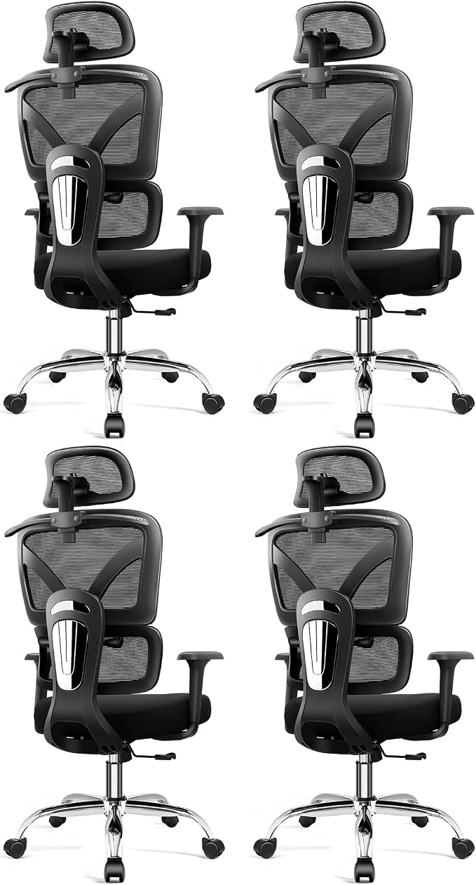 Ergonomic Desk Chair, Breathable Mesh Office Chair for Long Hours, 4 Pack | Adjustable Lumbar Support for Back Pain Relief, 4.33'' Thick Foam Cushion, 3D Headrest, Computer Chair for Home Office, Black