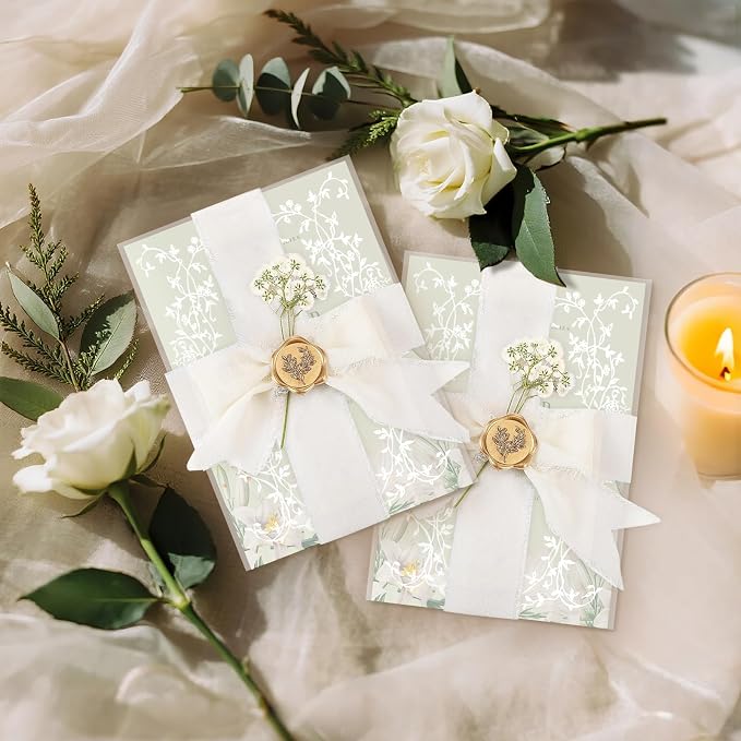 Wedding Invitation Accessories Kit, Pre-Folded Vellum Jackets for 5×7 Invitations with Wax Seal Stickers, Ribbon & Dried Flowers, Elegant Wedding Invitation Accessories for DIY Bridal Invites (White Vines, 50)