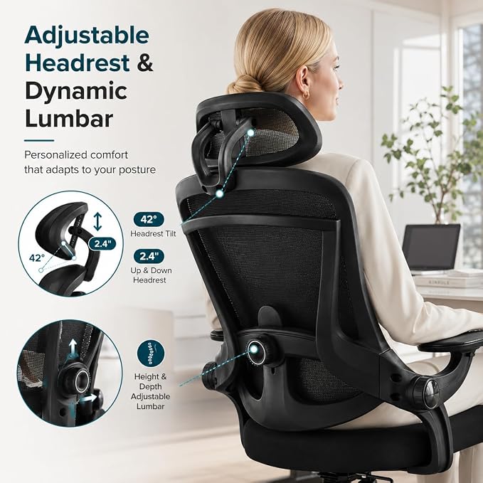 Ergonomic Office Chair, Home Office Desk Chairs with Adjustable Lumbar Support and Headrest, High Back Mesh Computer Desk Chair with 3D Flip-up Armrests & 360° Swivel Wheels, 275 LBS