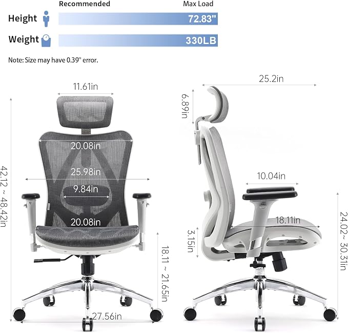 SIHOO M57 Ergonomic Mesh Office Chair, High Back Home Desk Chair with 3D Armrests, Lumbar Support and Adjustable Headrest, Comfortable Computer Chair, Big & Tall Office Chair Hold 330 LBS-Light Grey