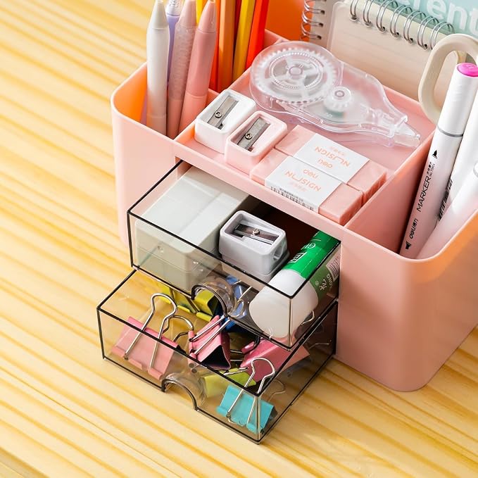 Stationary Organiser 7-Grid Desk Organizer with Drawer – Multifunctional Plastic Table Organizer & Pen Holder for School, Office, and Home (Pink)