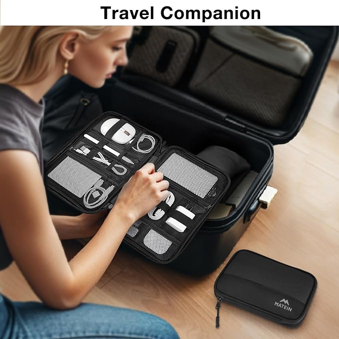 MATEIN Charger Organizer Travel Case 2 Pack, Cable Bag Organizer for Tech Accessories, Water Resistant Cord Case for Work, Sturdy Cable Pouch for Crods, Phone, Powerbank, Gifts for Men, Black
