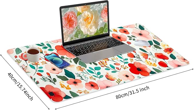 Bloss Red Floral Desk Mat for Desktop, Leather Desk Mat with Ink Painting Like, Red Flower Keyboard Mat, Women Girls Gift(31.5" X 15.7")