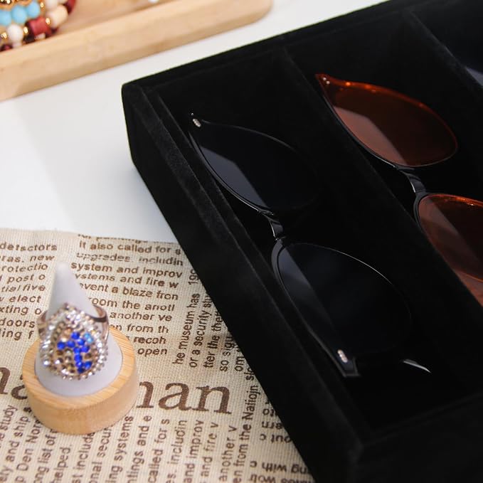 Bedside Organizer Tray, Desktop Storage Tray for Jewelry, Sunglass, Phone, Watch, Perfume,Lipstick, Nightstand Desk-top Catchall, Multi-use Holder for Desk Drawer (Black 5Grid)